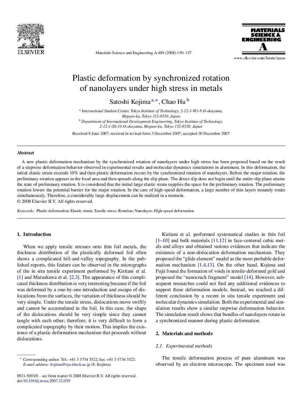 Plastic deformation by synchronized rotation of nanolayers under high stress in metals