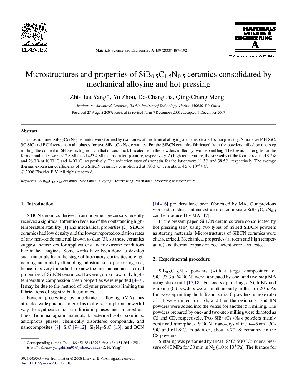 Microstructures and properties of SiB0.5C1.5N0.5 ceramics consolidated by mechanical alloying and hot pressing