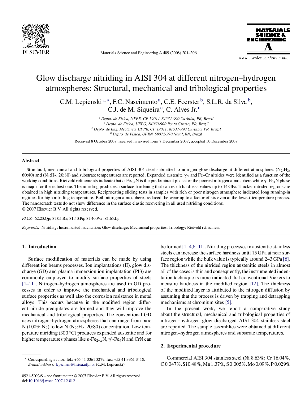 Glow discharge nitriding in AISI 304 at different nitrogen–hydrogen atmospheres: Structural, mechanical and tribological properties