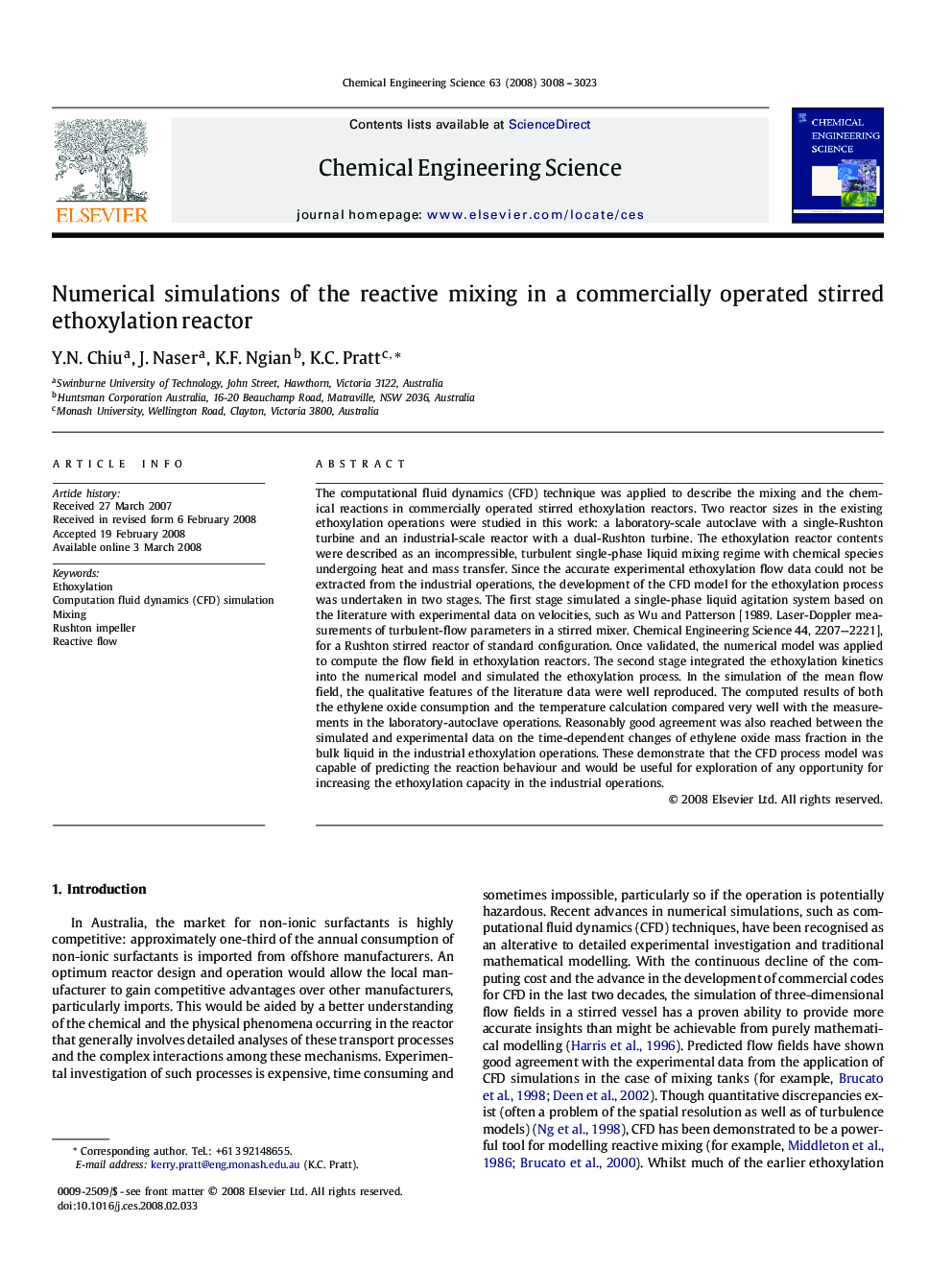 Numerical simulations of the reactive mixing in a commercially operated stirred ethoxylation reactor