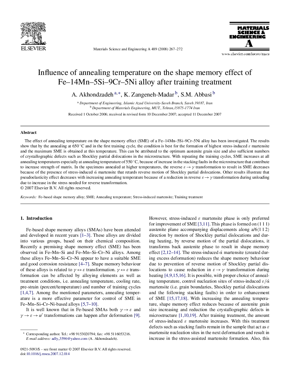 Influence of annealing temperature on the shape memory effect of Fe–14Mn–5Si–9Cr–5Ni alloy after training treatment