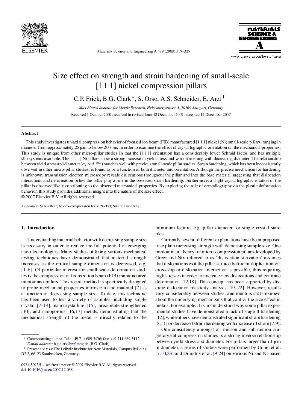 Size effect on strength and strain hardening of small-scale [1Â 1Â 1] nickel compression pillars