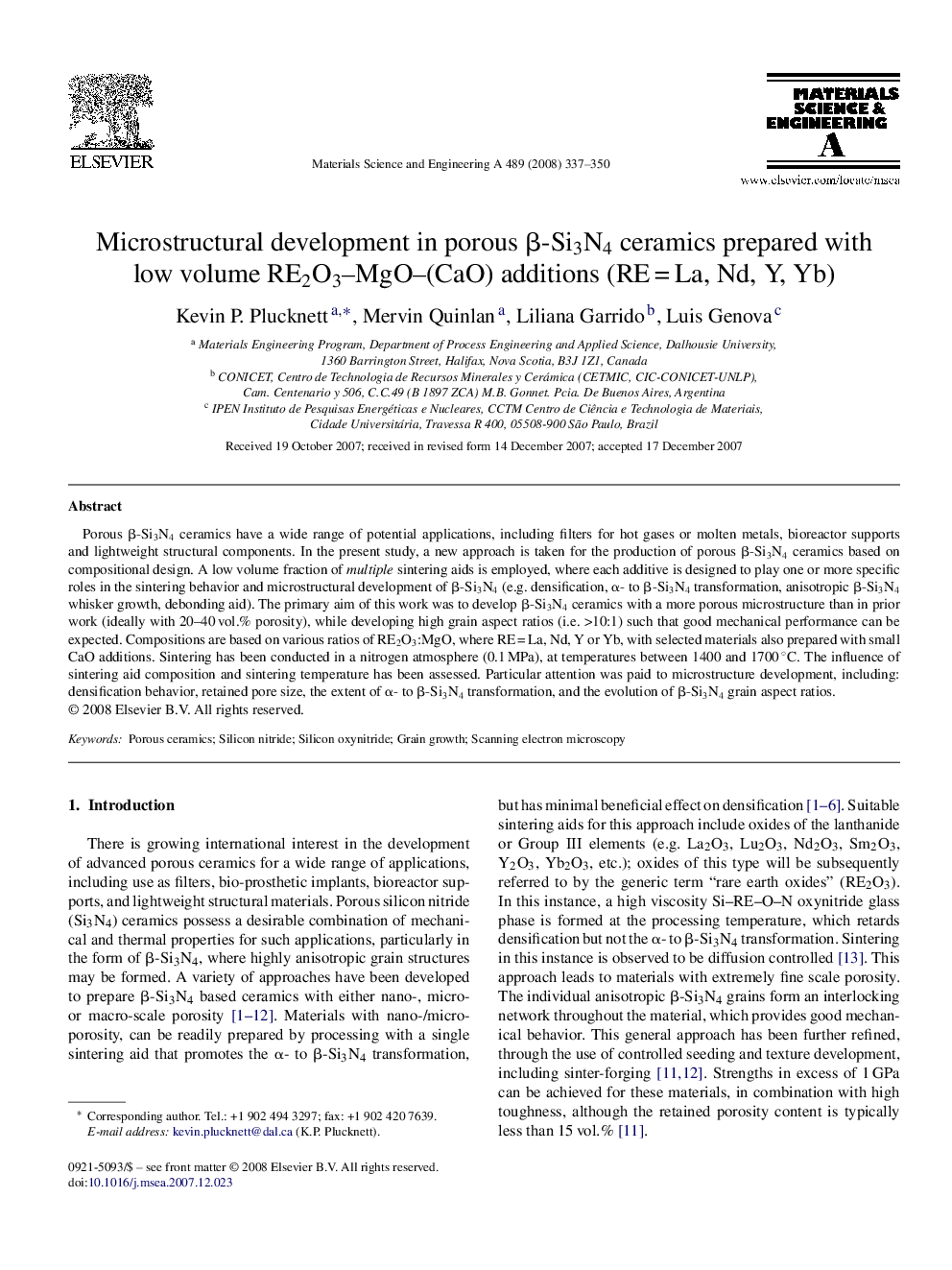 Microstructural development in porous Î²-Si3N4 ceramics prepared with low volume RE2O3-MgO-(CaO) additions (REÂ =Â La, Nd, Y, Yb)