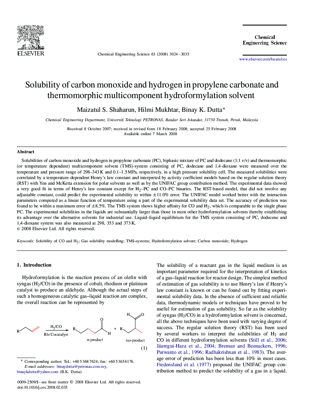 Solubility of carbon monoxide and hydrogen in propylene carbonate and thermomorphic multicomponent hydroformylation solvent