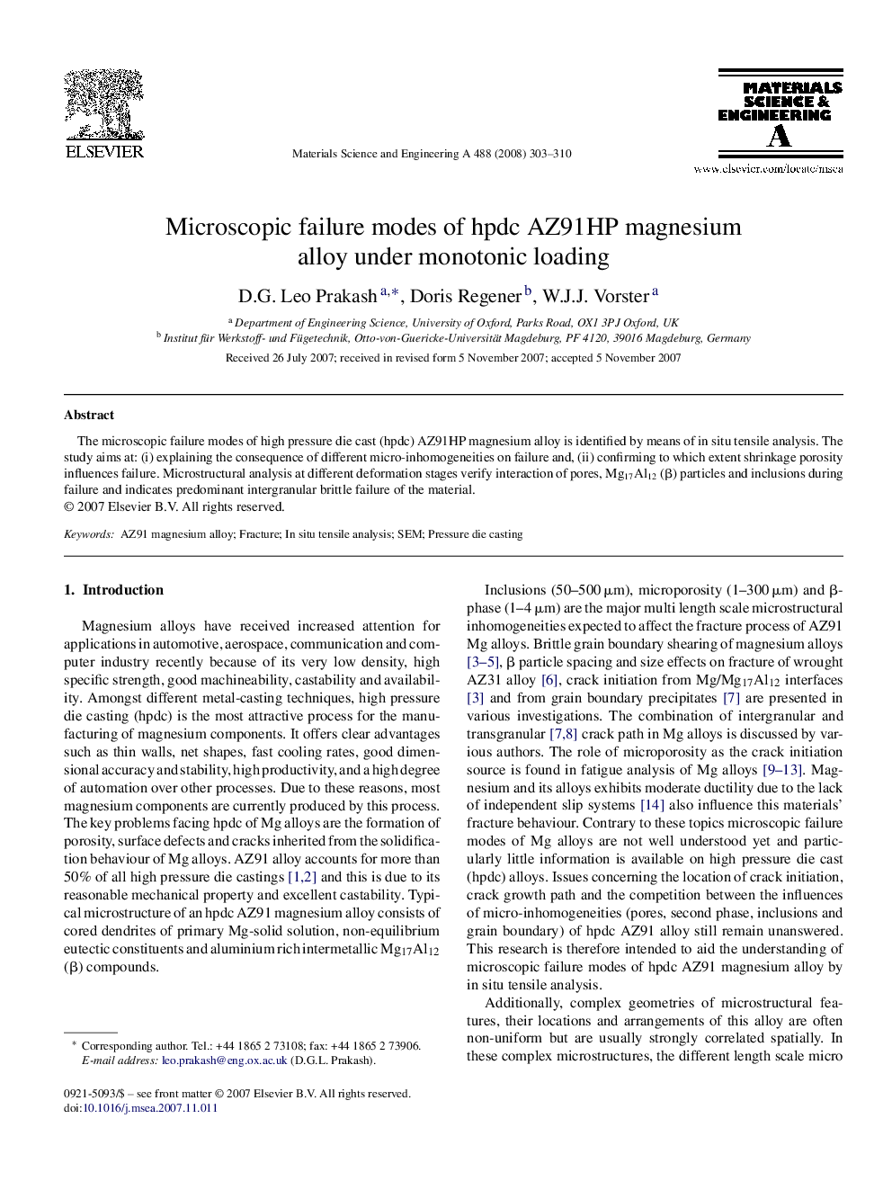 Microscopic failure modes of hpdc AZ91HP magnesium alloy under monotonic loading