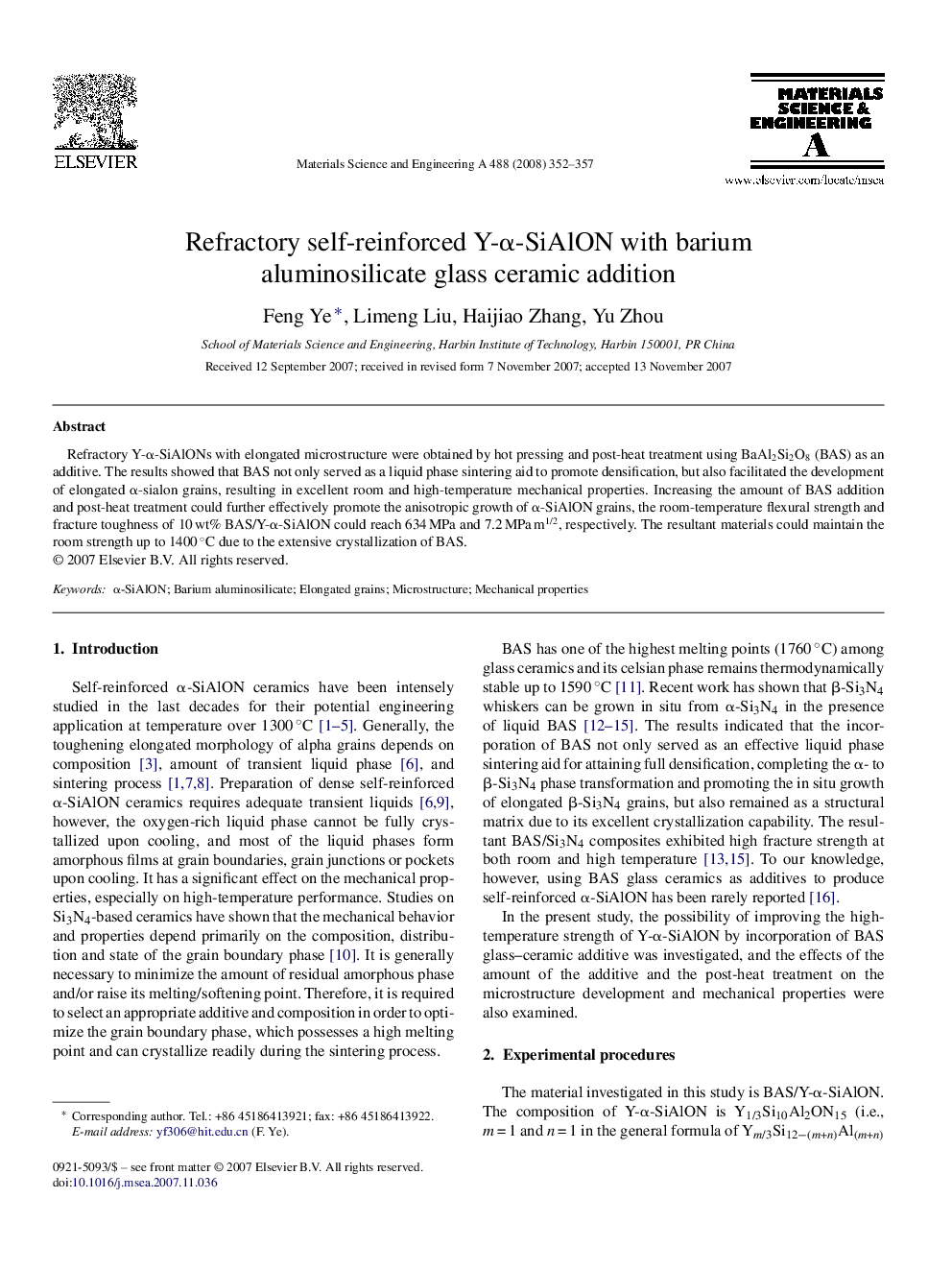 Refractory self-reinforced Y-Î±-SiAlON with barium aluminosilicate glass ceramic addition