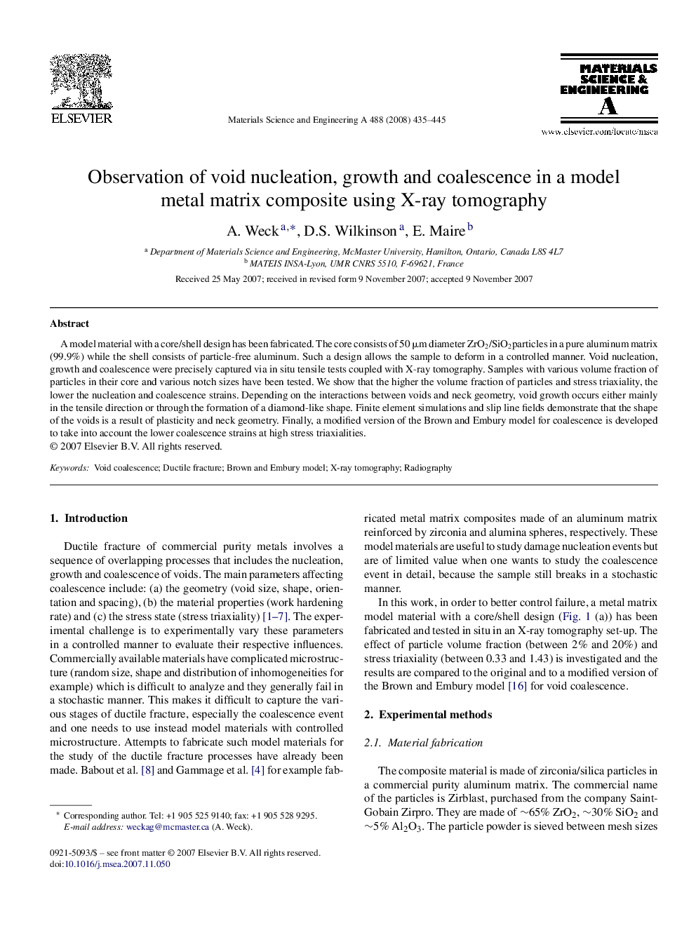 Observation of void nucleation, growth and coalescence in a model metal matrix composite using X-ray tomography