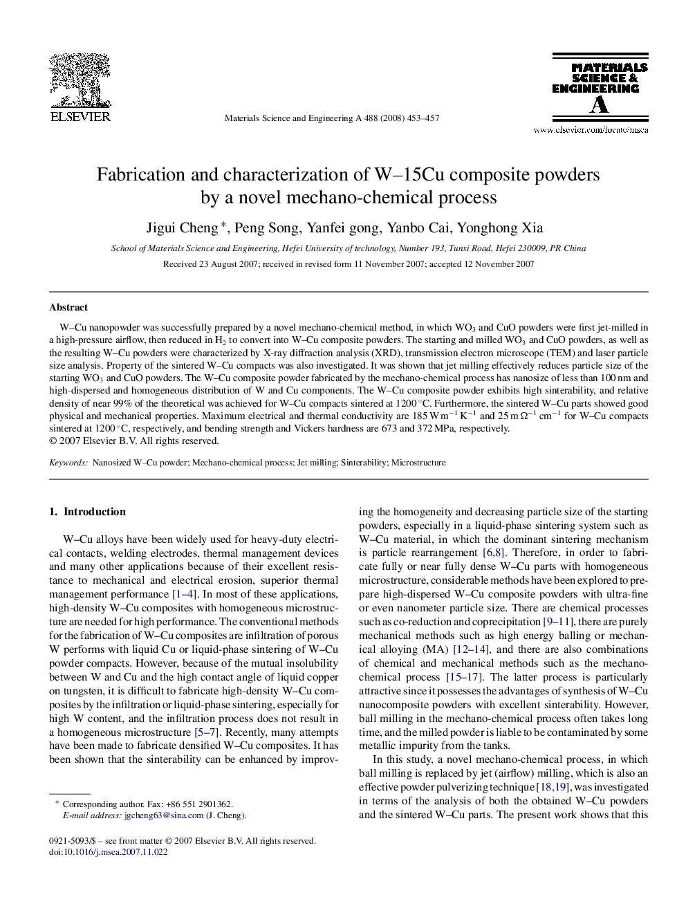 Fabrication and characterization of W-15Cu composite powders by a novel mechano-chemical process