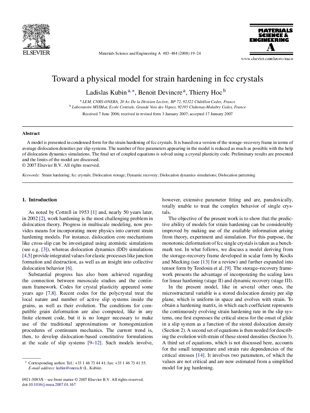 Toward a physical model for strain hardening in fcc crystals