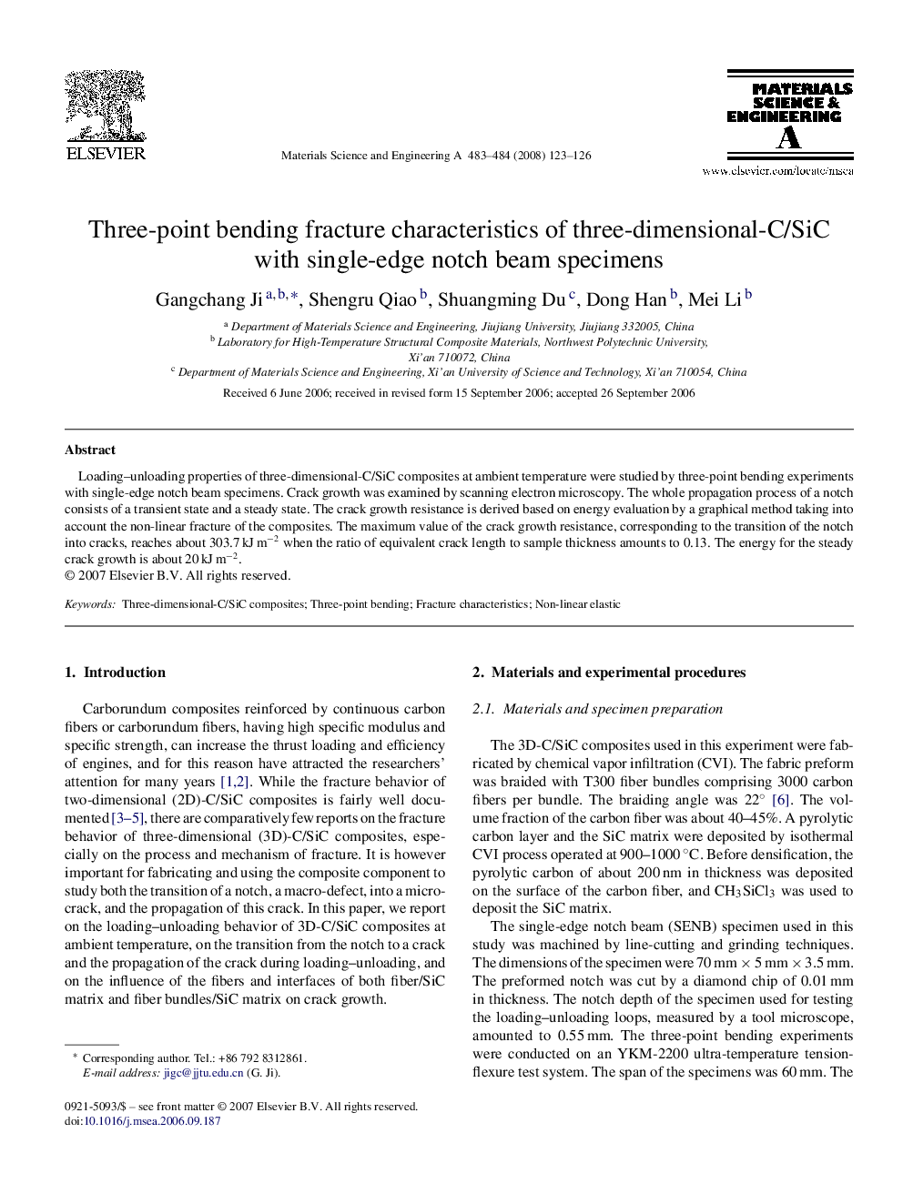 Three-point bending fracture characteristics of three-dimensional-C/SiC with single-edge notch beam specimens