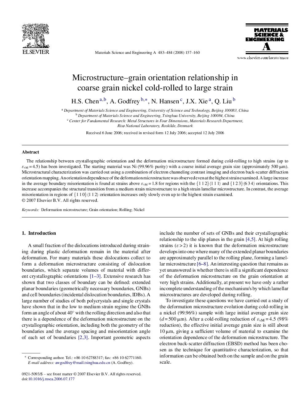 Microstructure–grain orientation relationship in coarse grain nickel cold-rolled to large strain