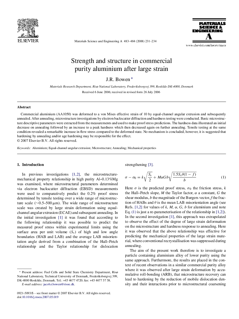 Strength and structure in commercial purity aluminium after large strain