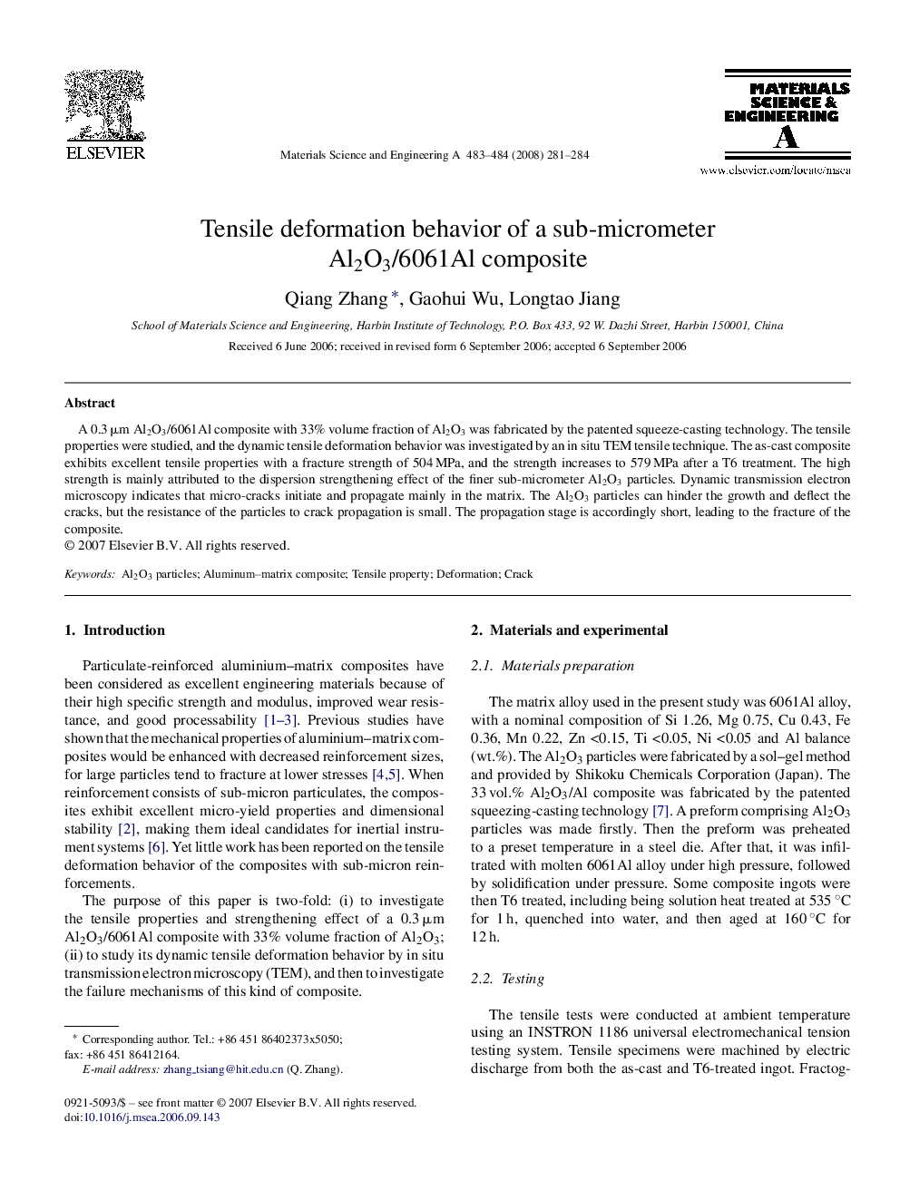 Tensile deformation behavior of a sub-micrometer Al2O3/6061Al composite