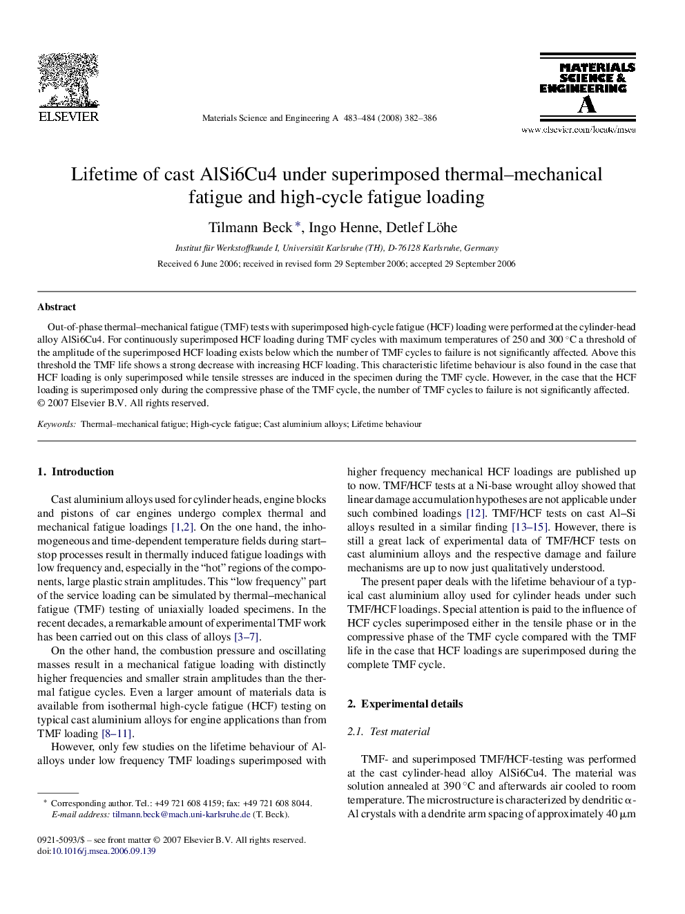 Lifetime of cast AlSi6Cu4 under superimposed thermal–mechanical fatigue and high-cycle fatigue loading