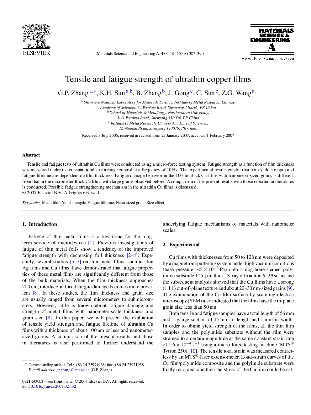 Tensile and fatigue strength of ultrathin copper films