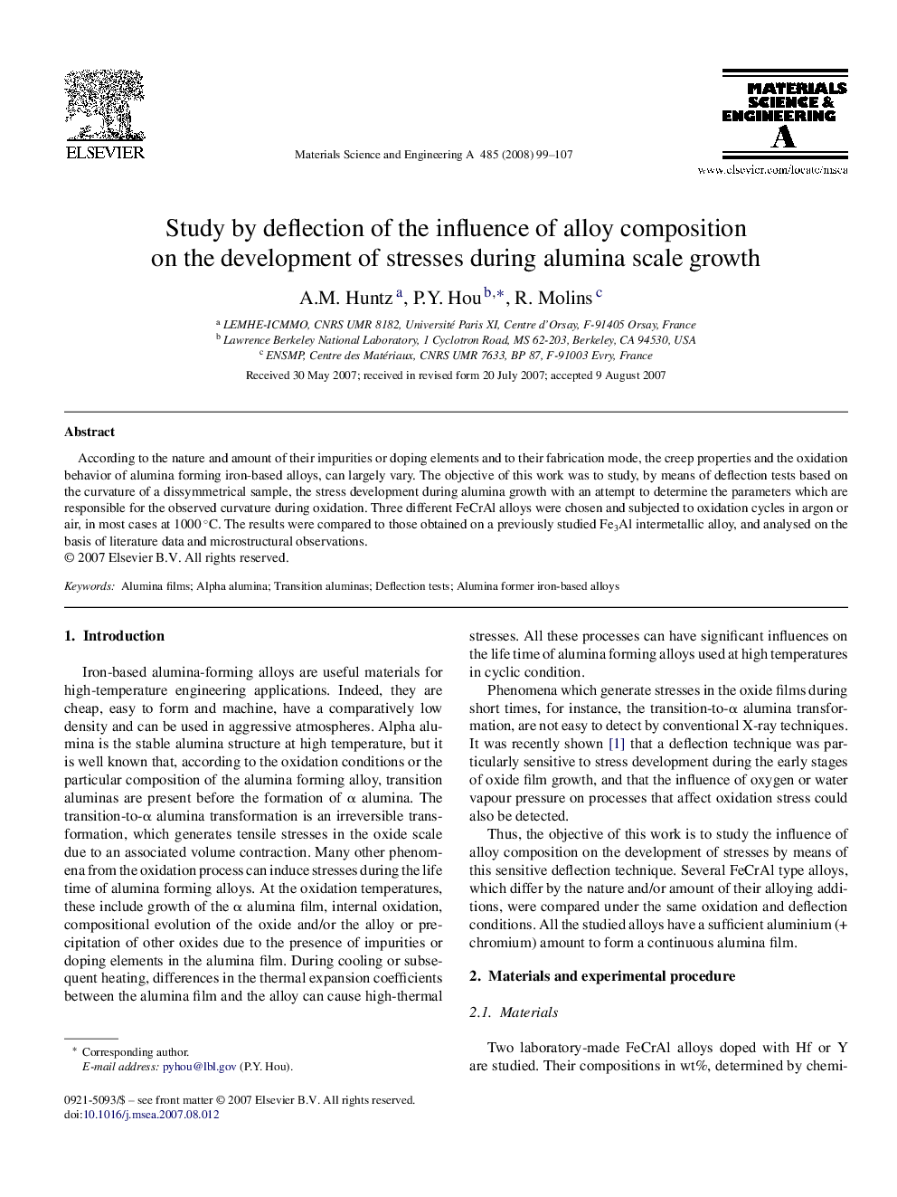 Study by deflection of the influence of alloy composition on the development of stresses during alumina scale growth