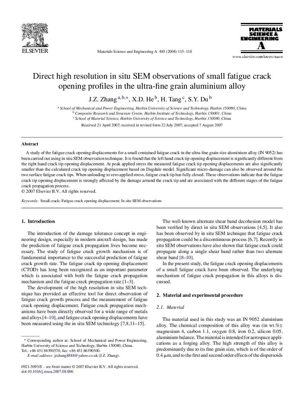 Direct high resolution in situ SEM observations of small fatigue crack opening profiles in the ultra-fine grain aluminium alloy