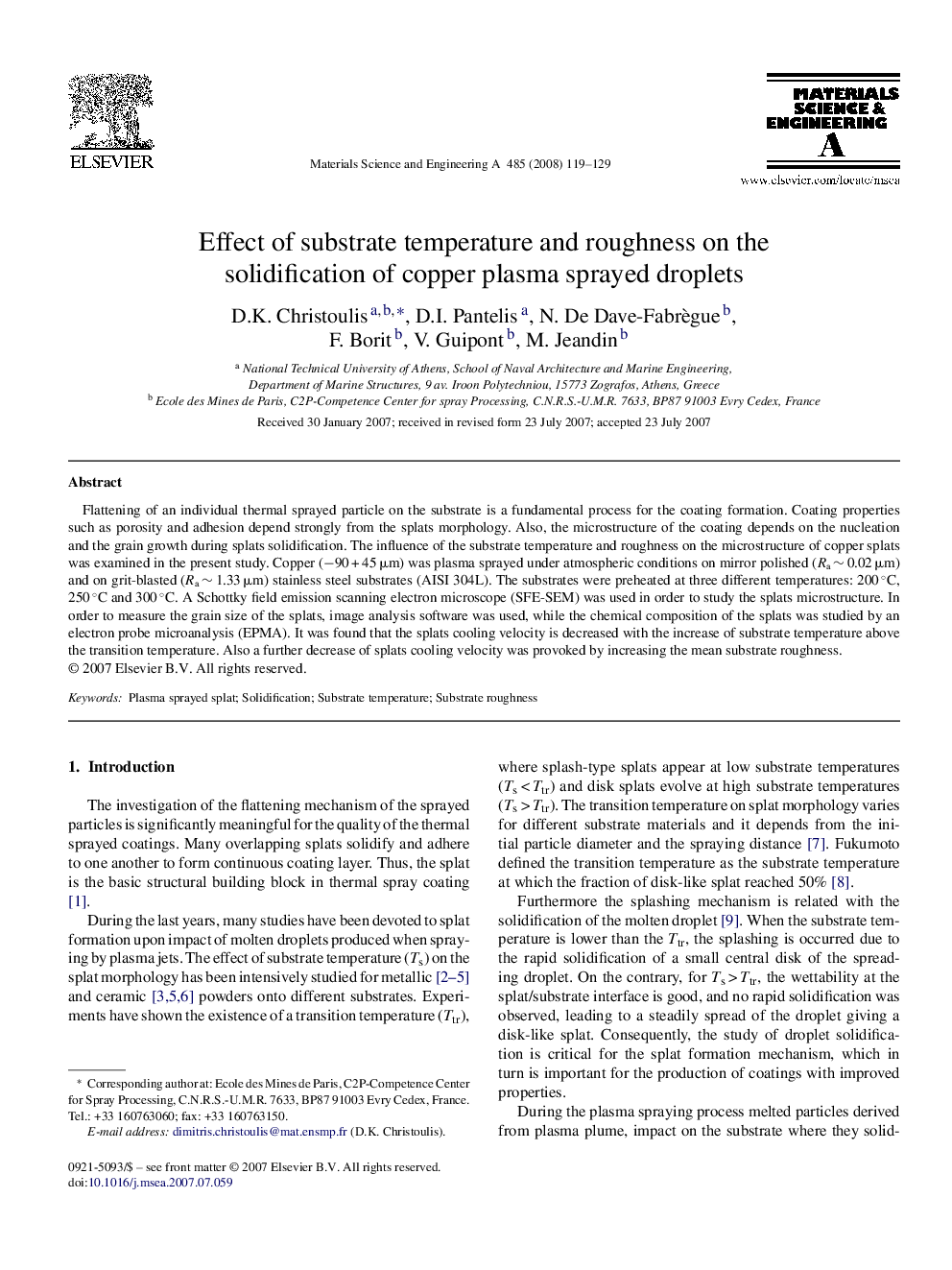 Effect of substrate temperature and roughness on the solidification of copper plasma sprayed droplets