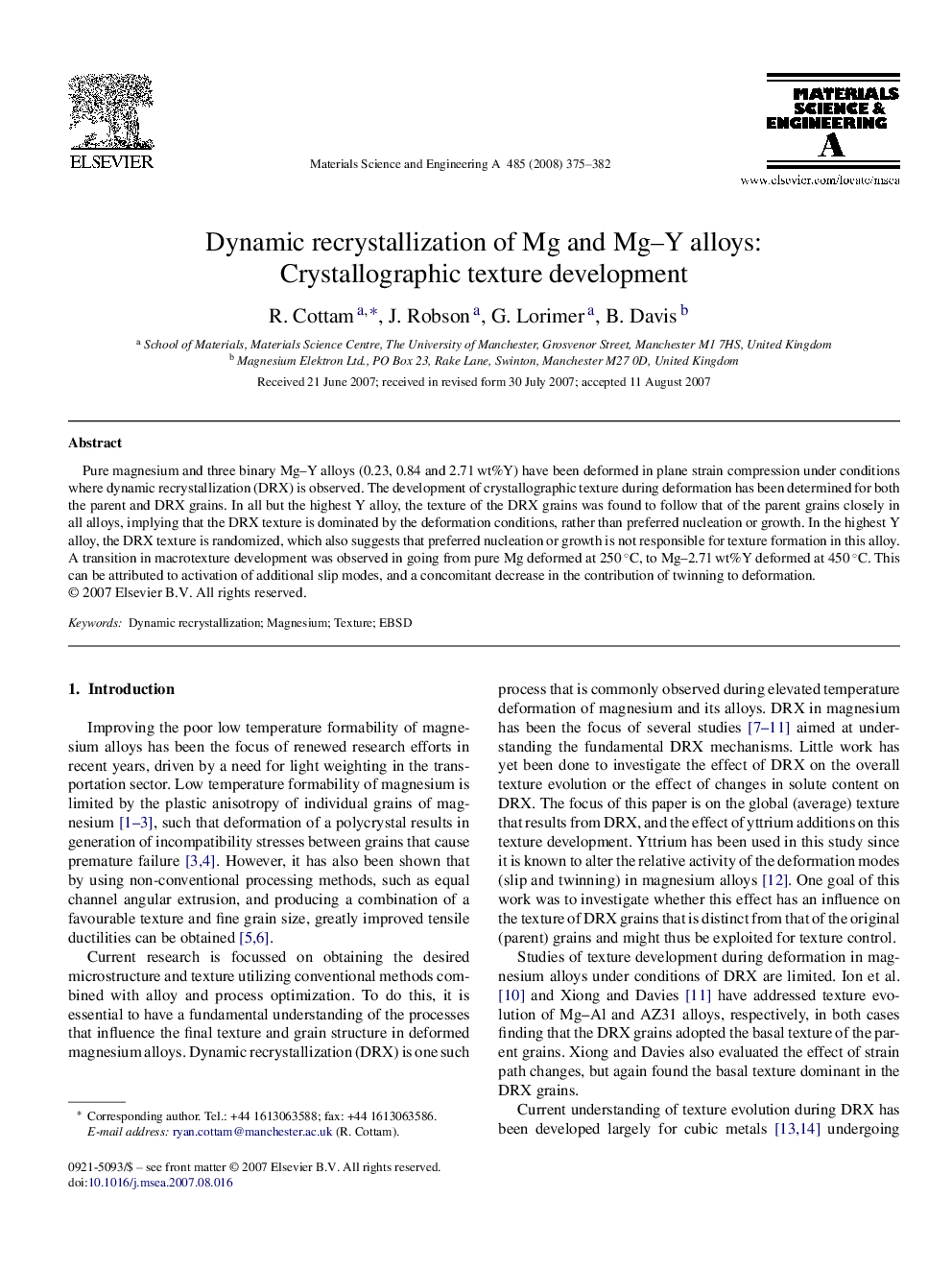 Dynamic recrystallization of Mg and Mg–Y alloys: Crystallographic texture development