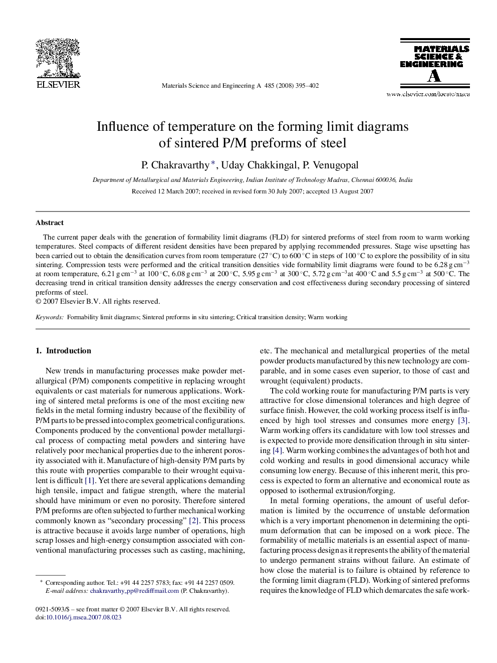 Influence of temperature on the forming limit diagrams of sintered P/M preforms of steel