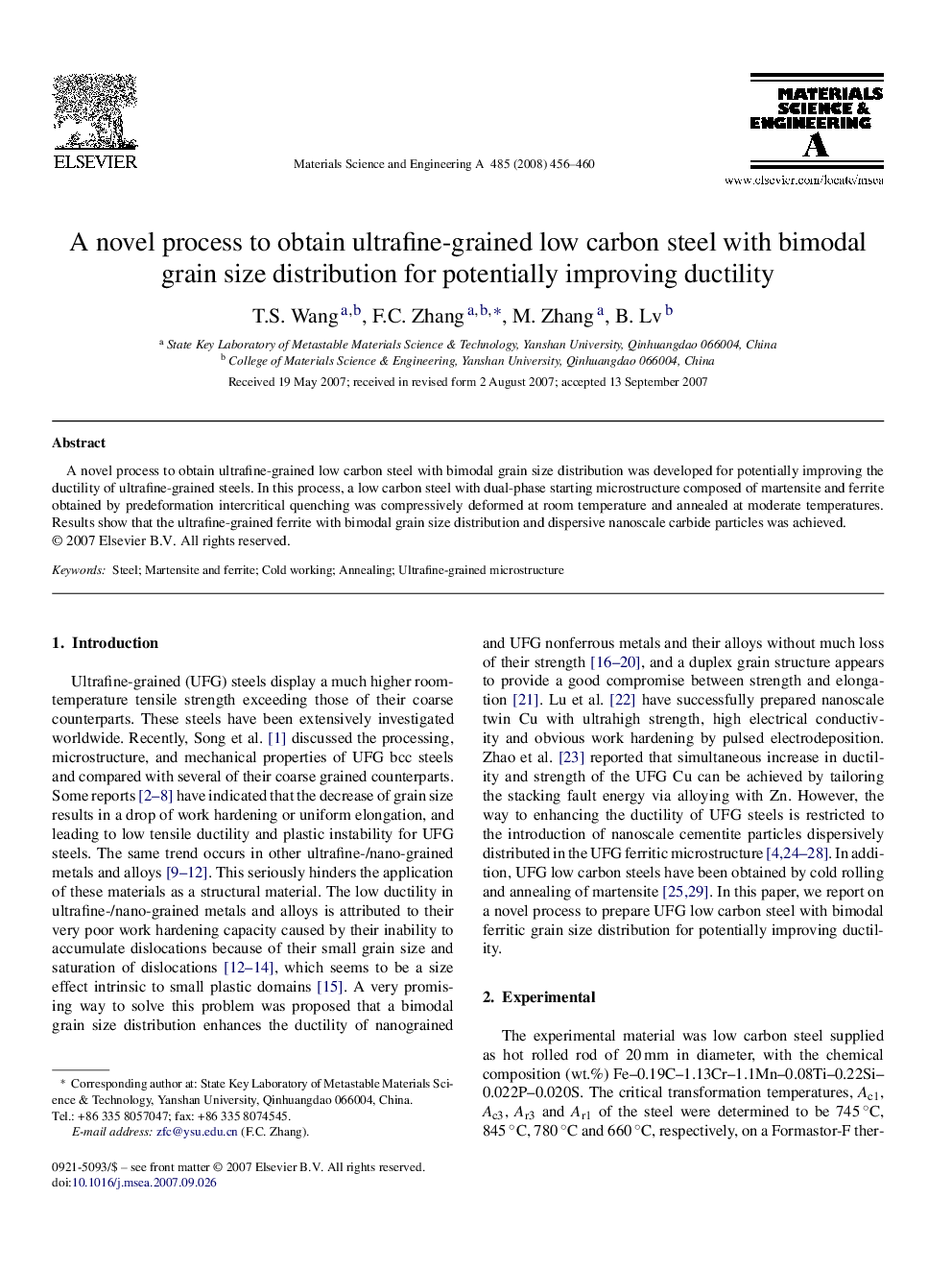 A novel process to obtain ultrafine-grained low carbon steel with bimodal grain size distribution for potentially improving ductility