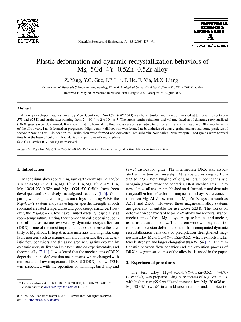 Plastic deformation and dynamic recrystallization behaviors of Mg–5Gd–4Y–0.5Zn–0.5Zr alloy