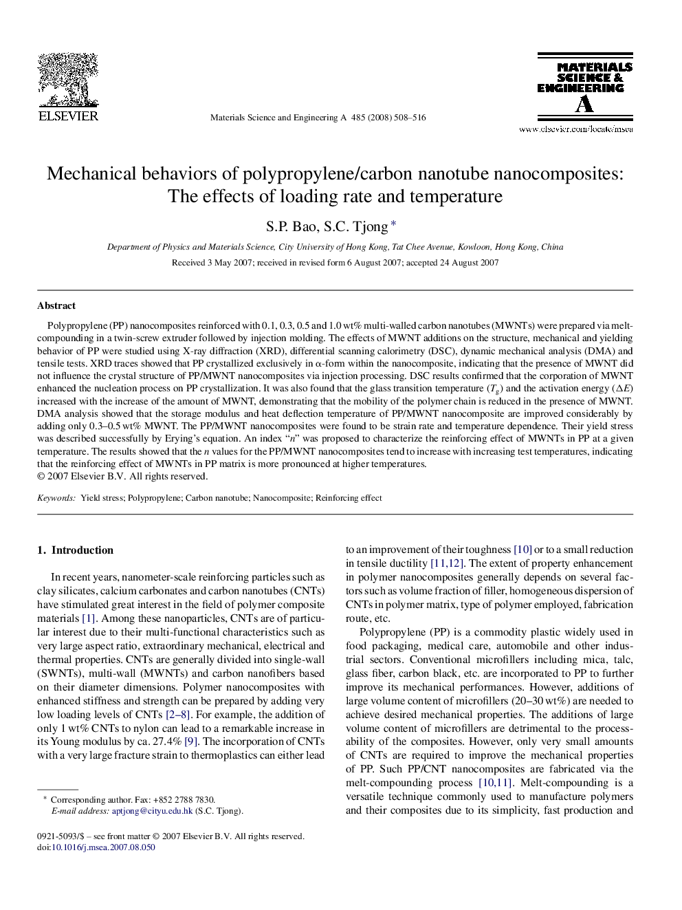 Mechanical behaviors of polypropylene/carbon nanotube nanocomposites: The effects of loading rate and temperature