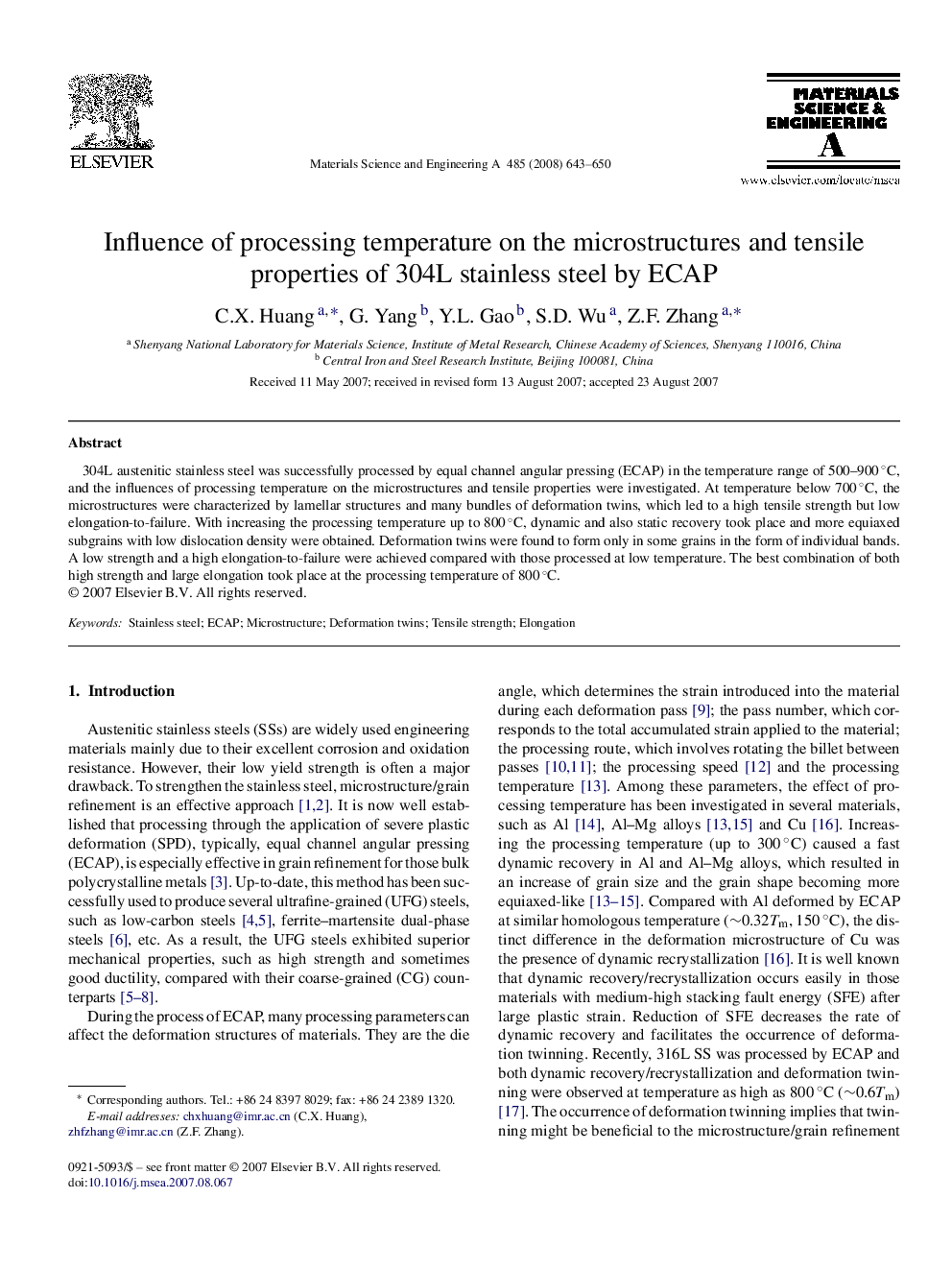 Influence of processing temperature on the microstructures and tensile properties of 304L stainless steel by ECAP