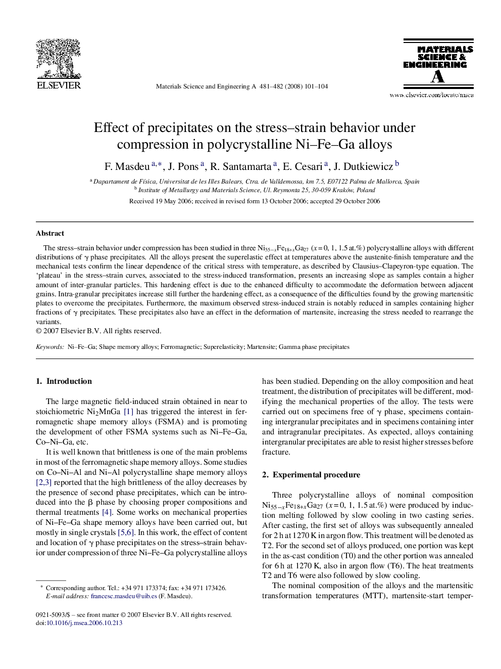 Effect of precipitates on the stress–strain behavior under compression in polycrystalline Ni–Fe–Ga alloys