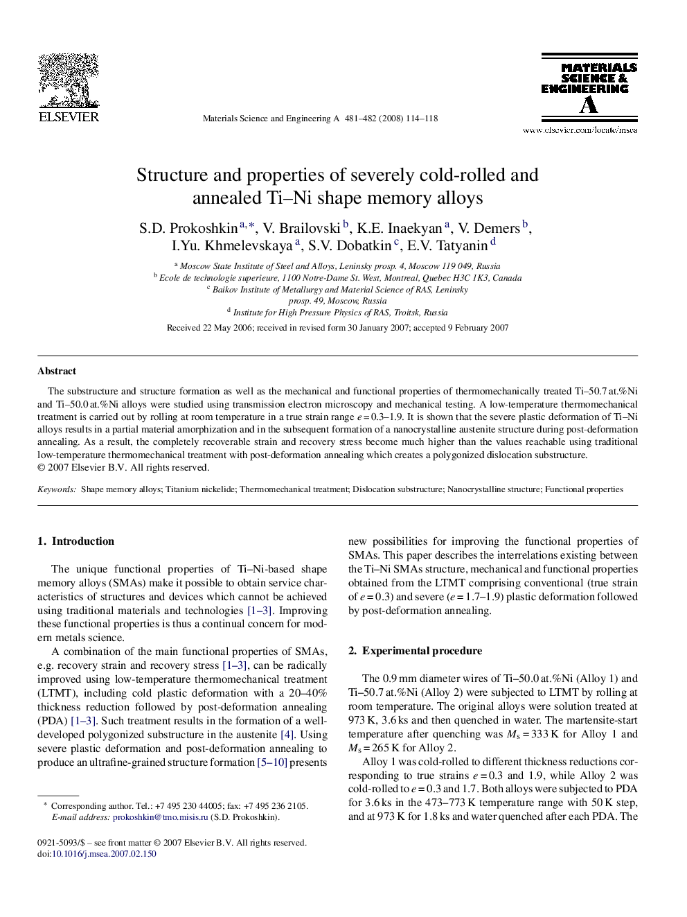 Structure and properties of severely cold-rolled and annealed Ti-Ni shape memory alloys