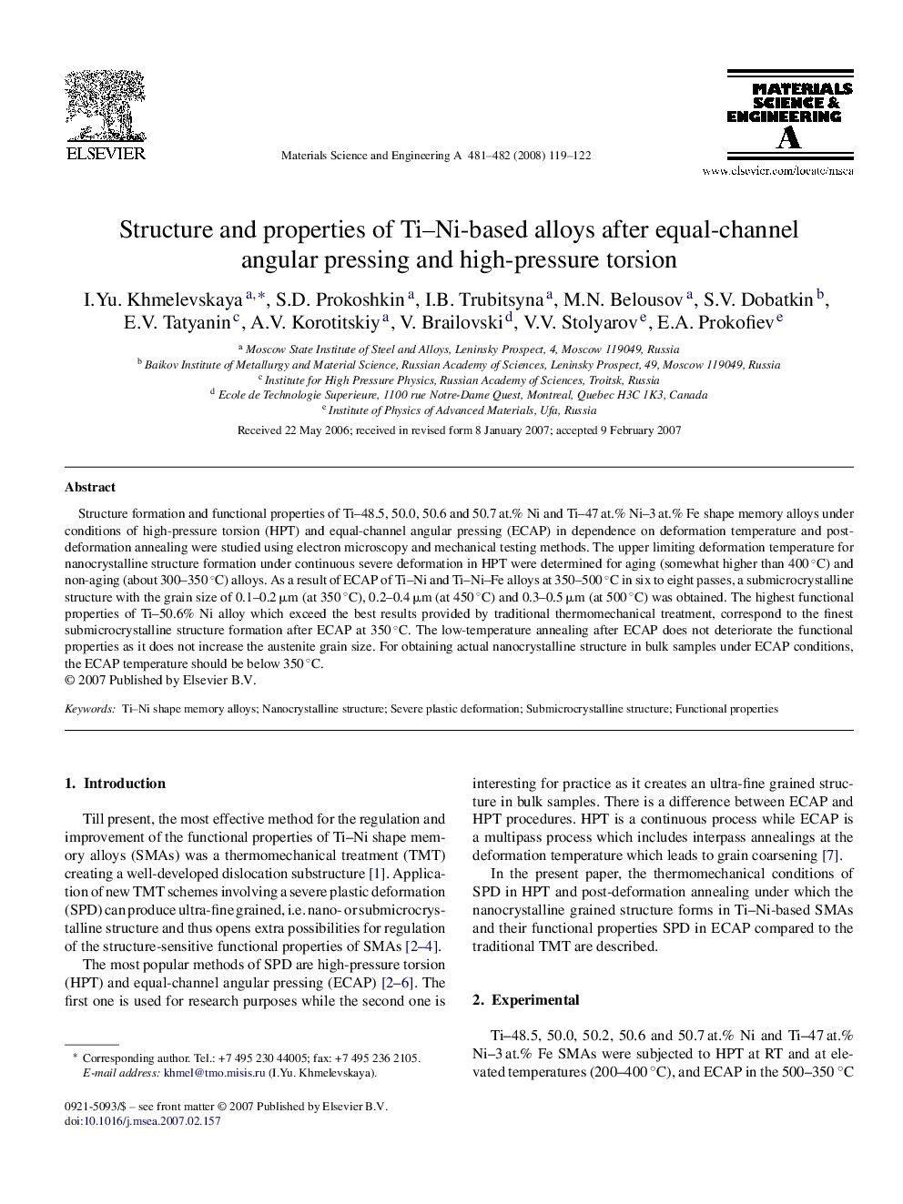 Structure and properties of Ti–Ni-based alloys after equal-channel angular pressing and high-pressure torsion