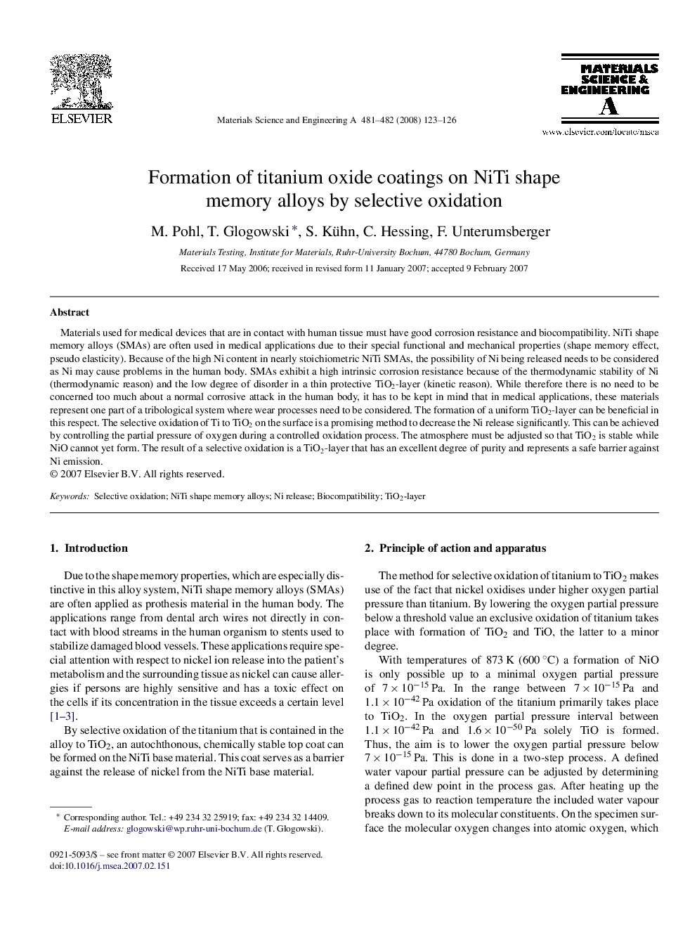 Formation of titanium oxide coatings on NiTi shape memory alloys by selective oxidation