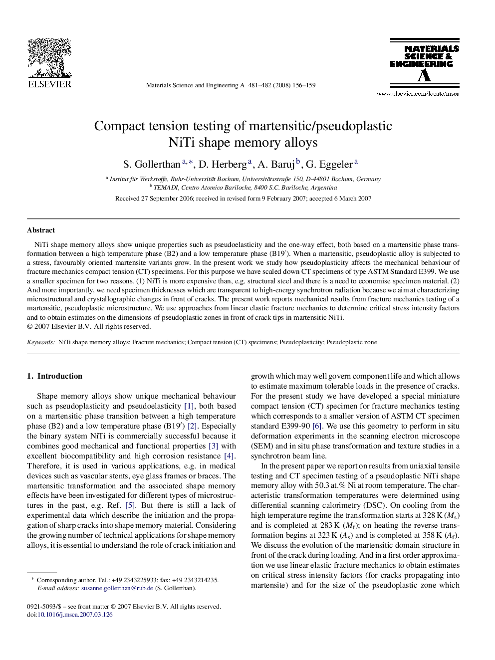 Compact tension testing of martensitic/pseudoplastic NiTi shape memory alloys