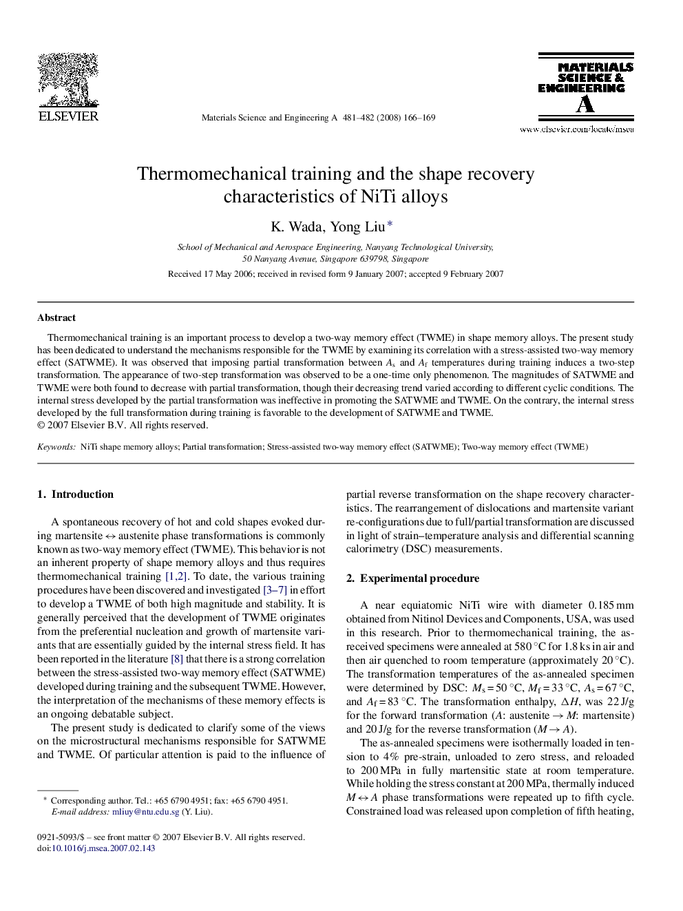 Thermomechanical training and the shape recovery characteristics of NiTi alloys