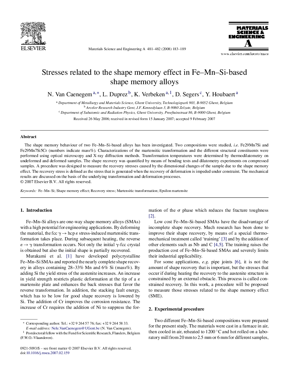 Stresses related to the shape memory effect in Fe-Mn-Si-based shape memory alloys