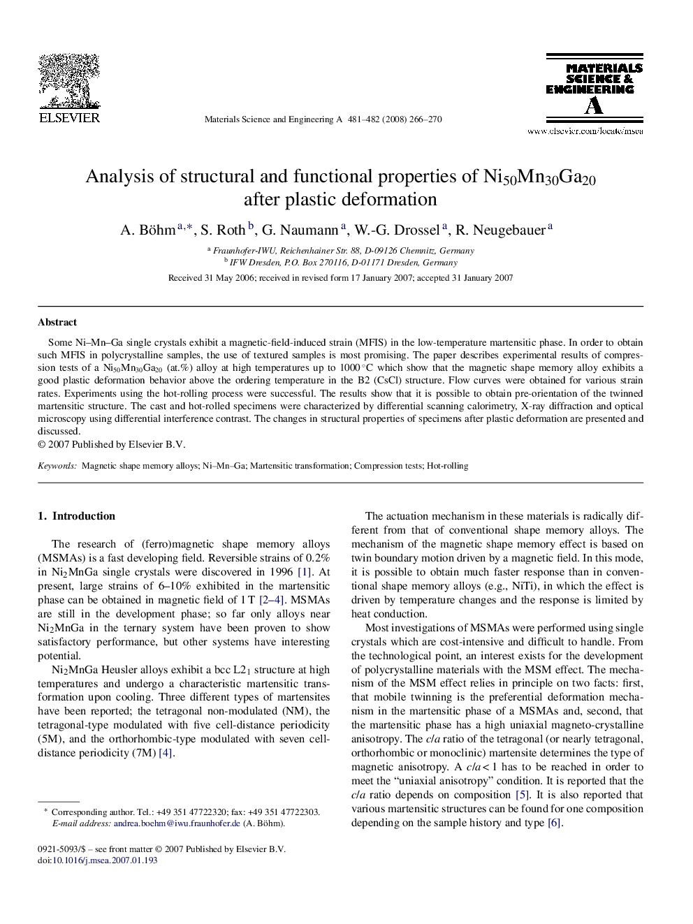 Analysis of structural and functional properties of Ni50Mn30Ga20 after plastic deformation