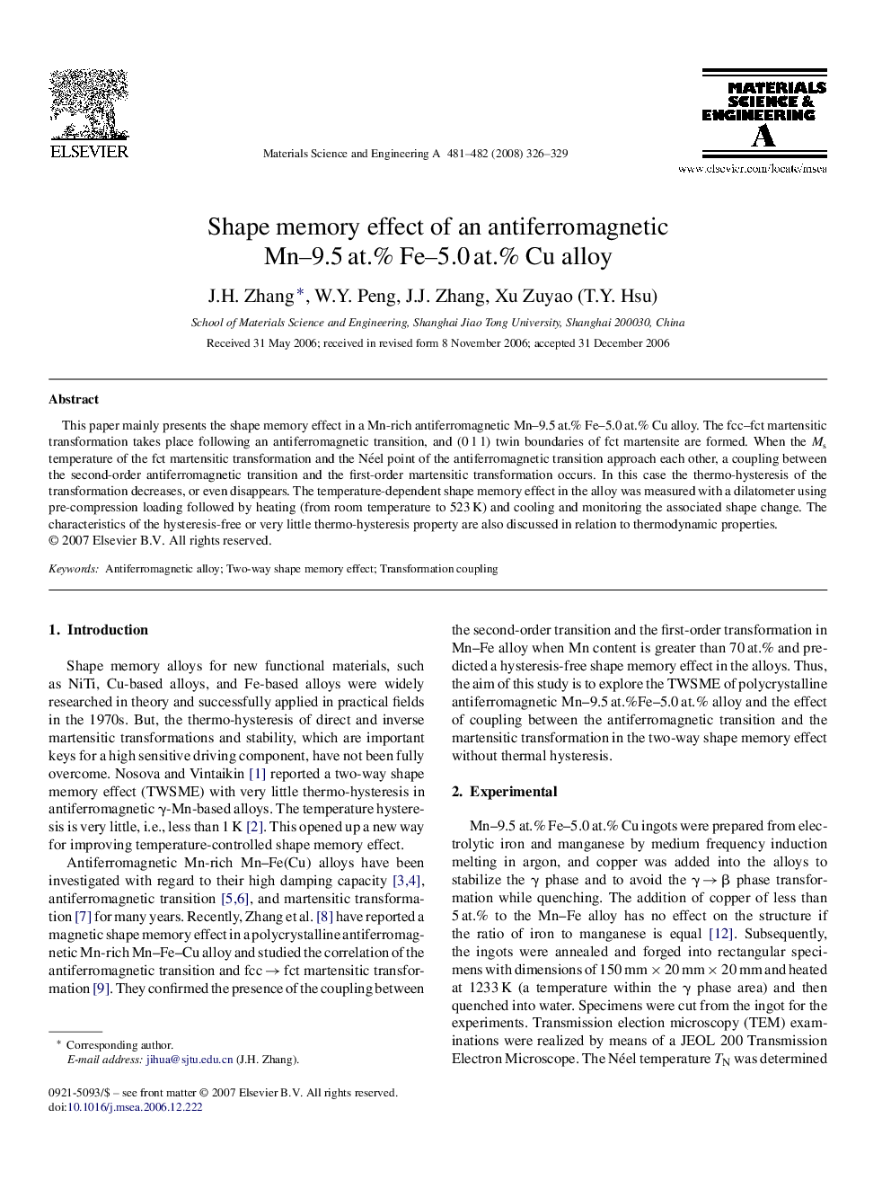 Shape memory effect of an antiferromagnetic Mn-9.5Â at.% Fe-5.0Â at.% Cu alloy