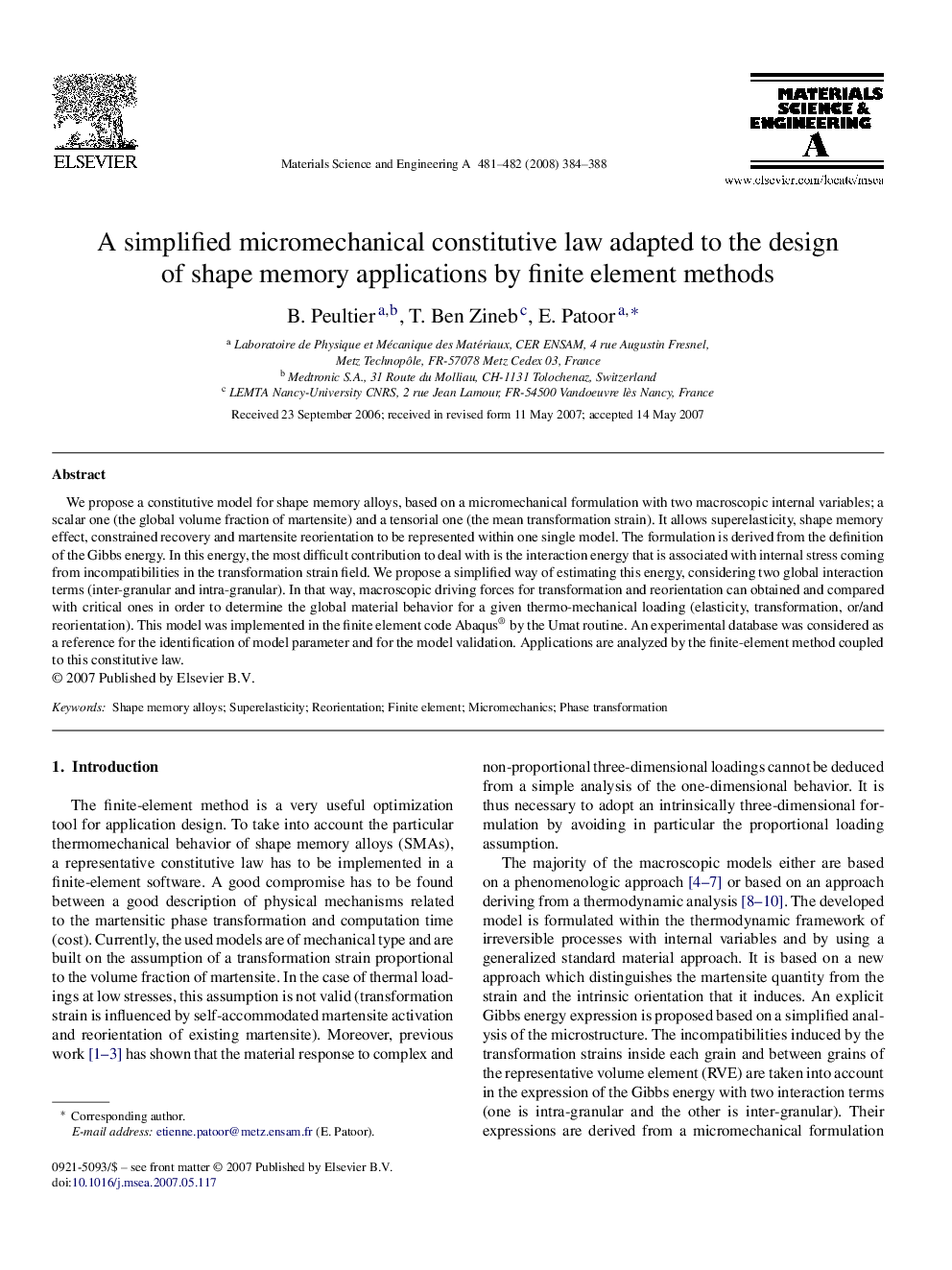 A simplified micromechanical constitutive law adapted to the design of shape memory applications by finite element methods