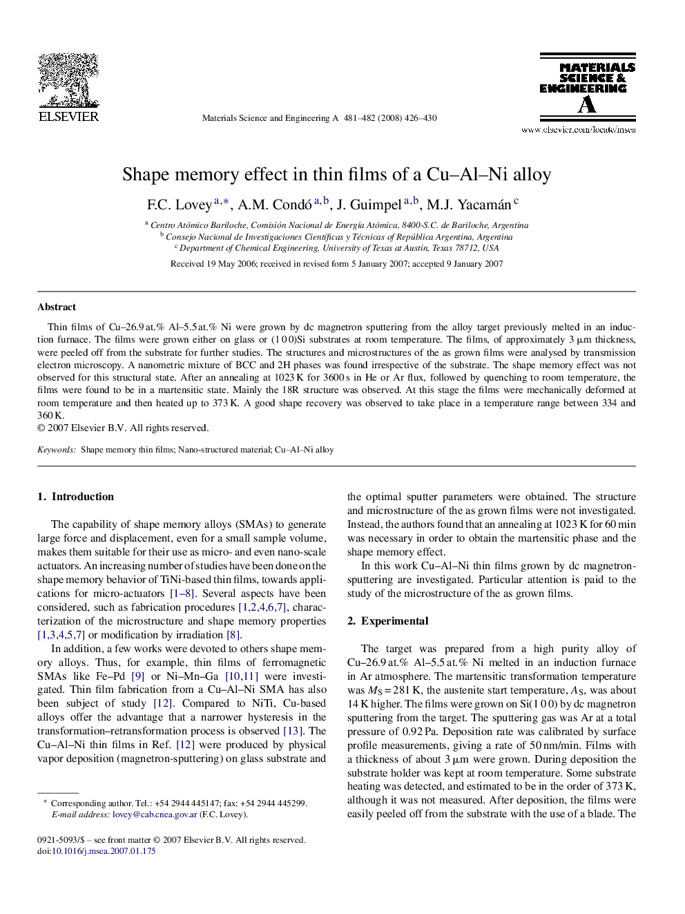 Shape memory effect in thin films of a Cu–Al–Ni alloy