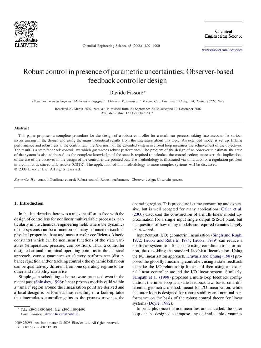 Robust control in presence of parametric uncertainties: Observer-based feedback controller design