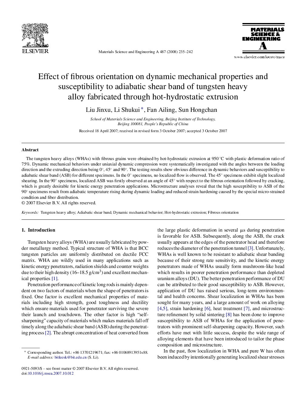 Effect of fibrous orientation on dynamic mechanical properties and susceptibility to adiabatic shear band of tungsten heavy alloy fabricated through hot-hydrostatic extrusion