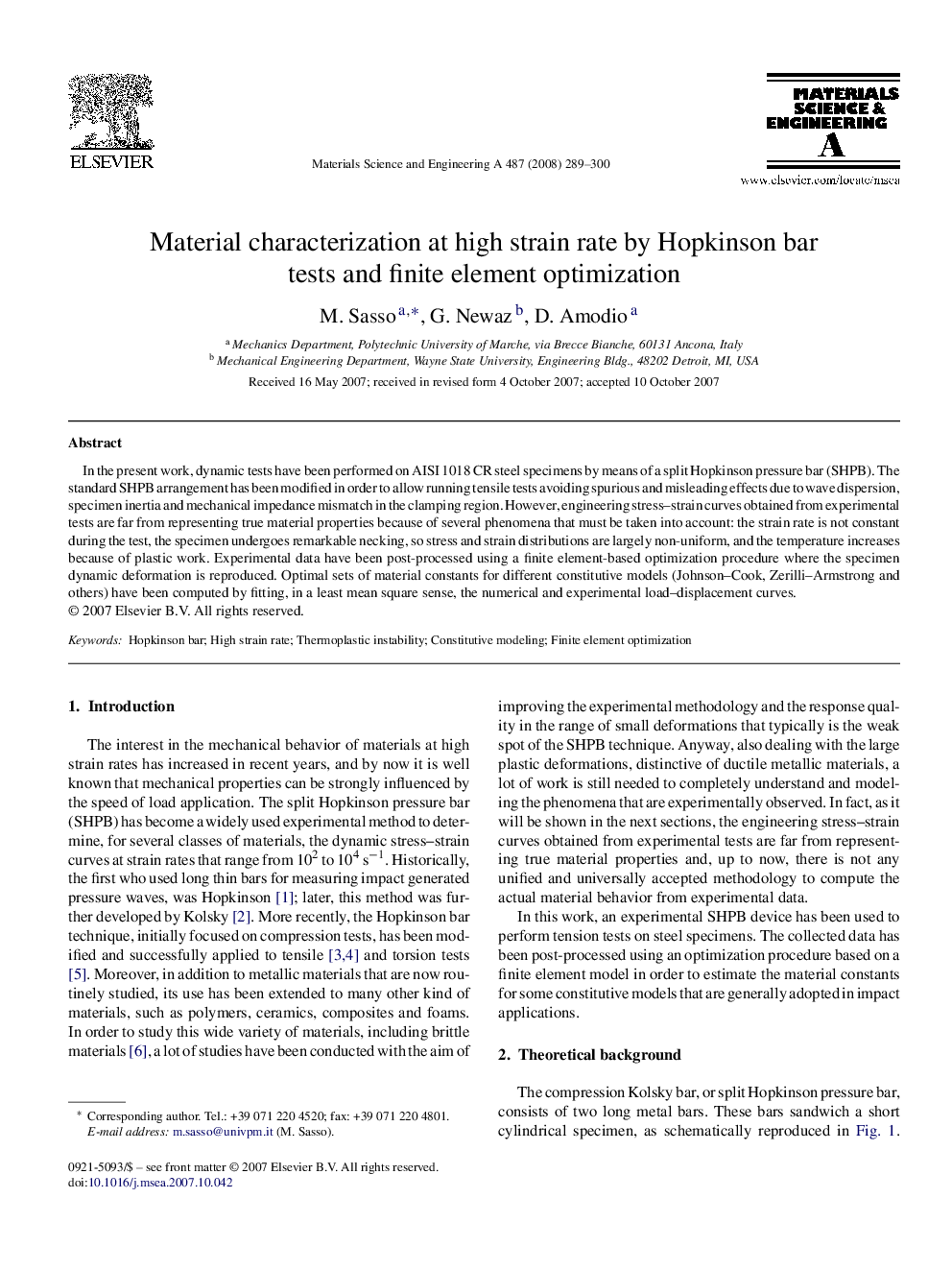 Material characterization at high strain rate by Hopkinson bar tests and finite element optimization