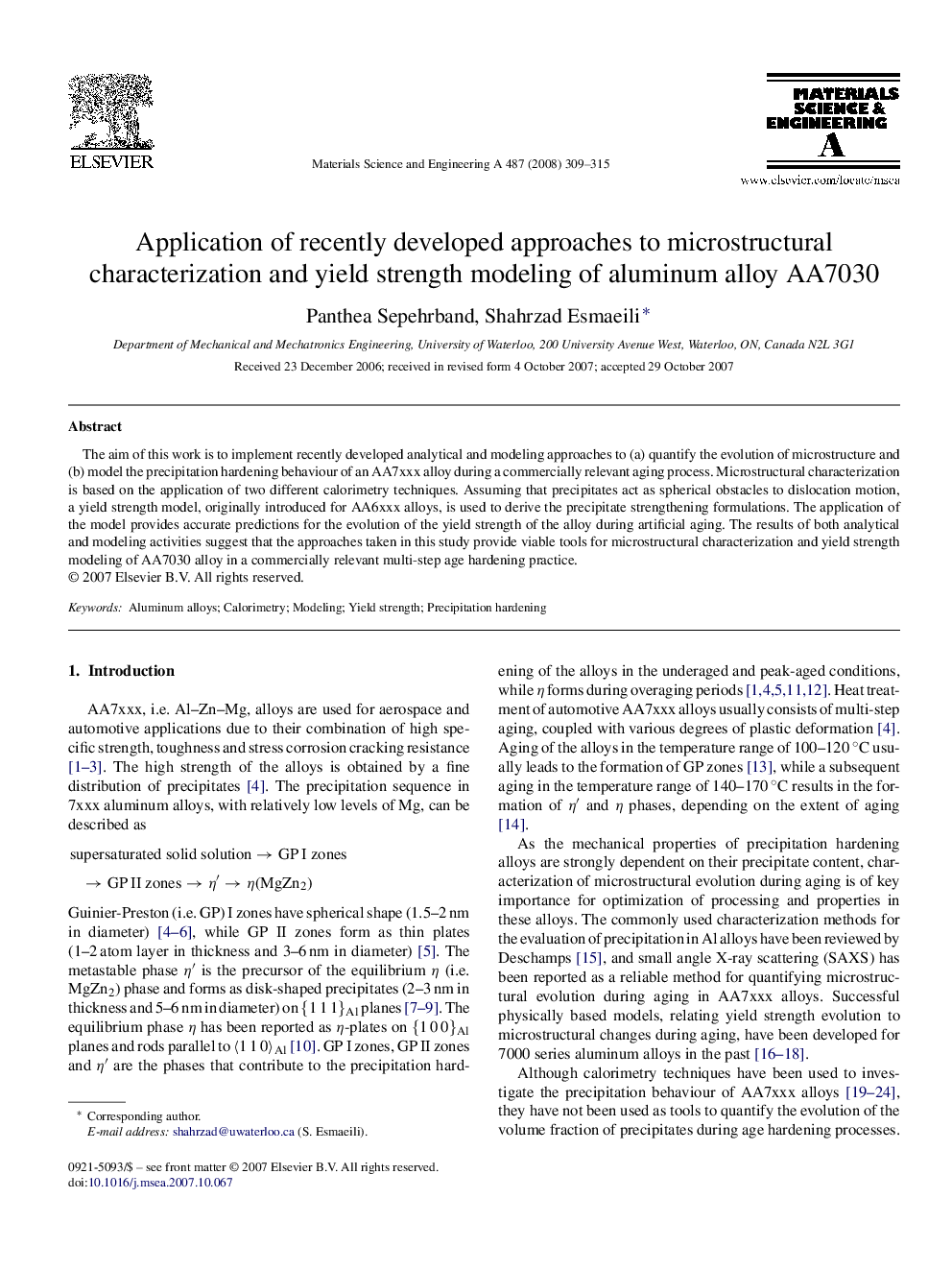 Application of recently developed approaches to microstructural characterization and yield strength modeling of aluminum alloy AA7030