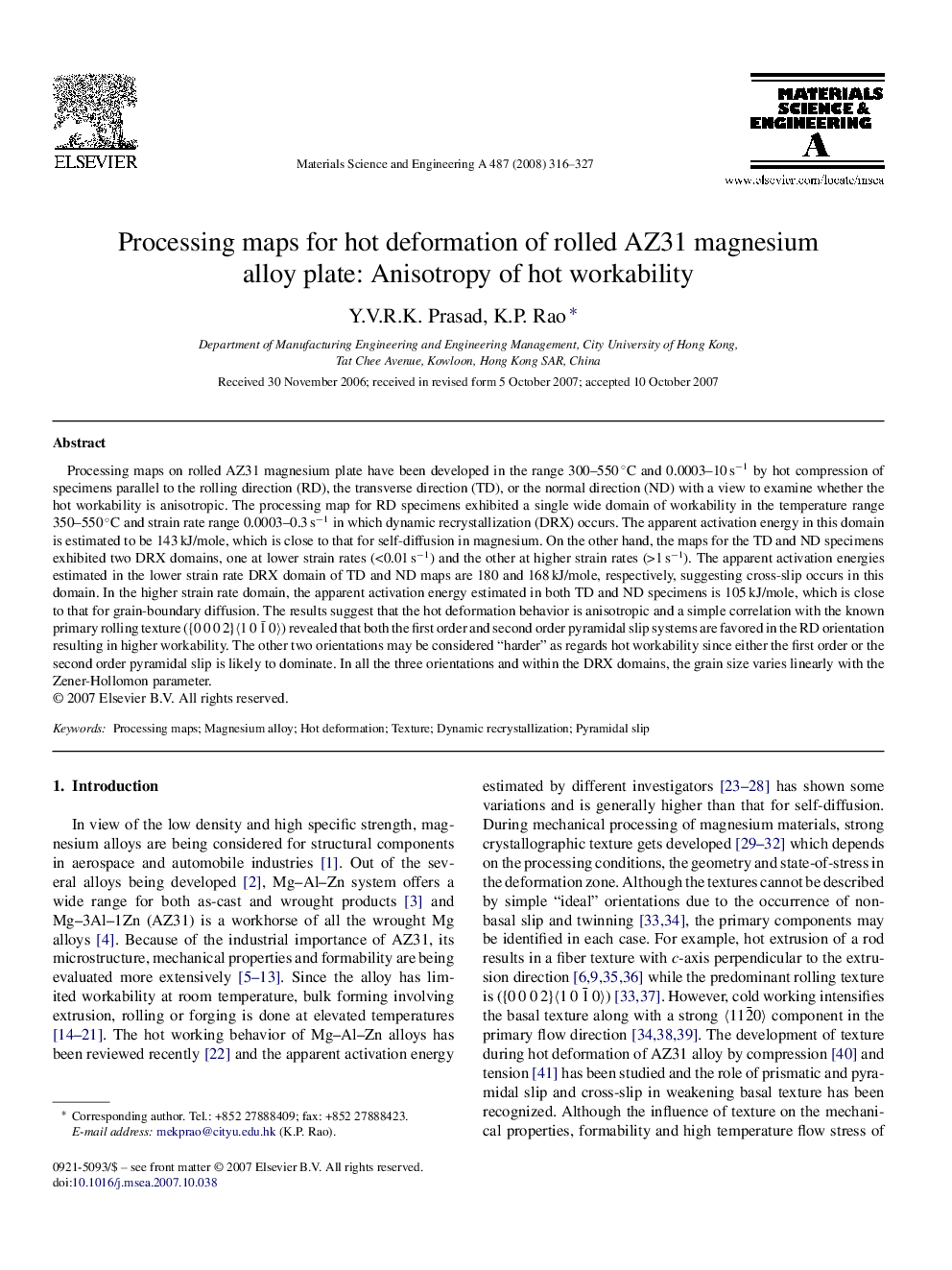 Processing maps for hot deformation of rolled AZ31 magnesium alloy plate: Anisotropy of hot workability