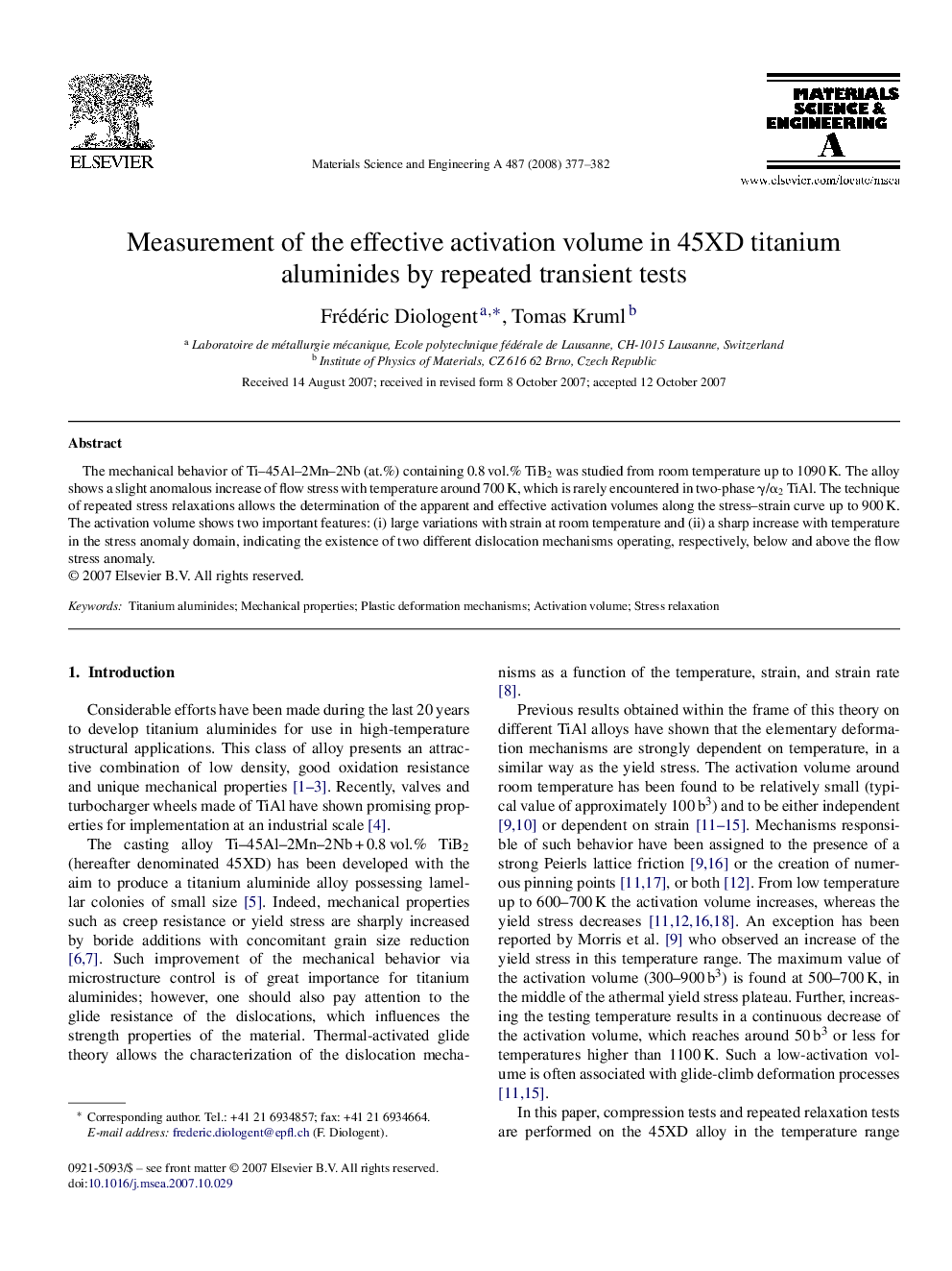 Measurement of the effective activation volume in 45XD titanium aluminides by repeated transient tests