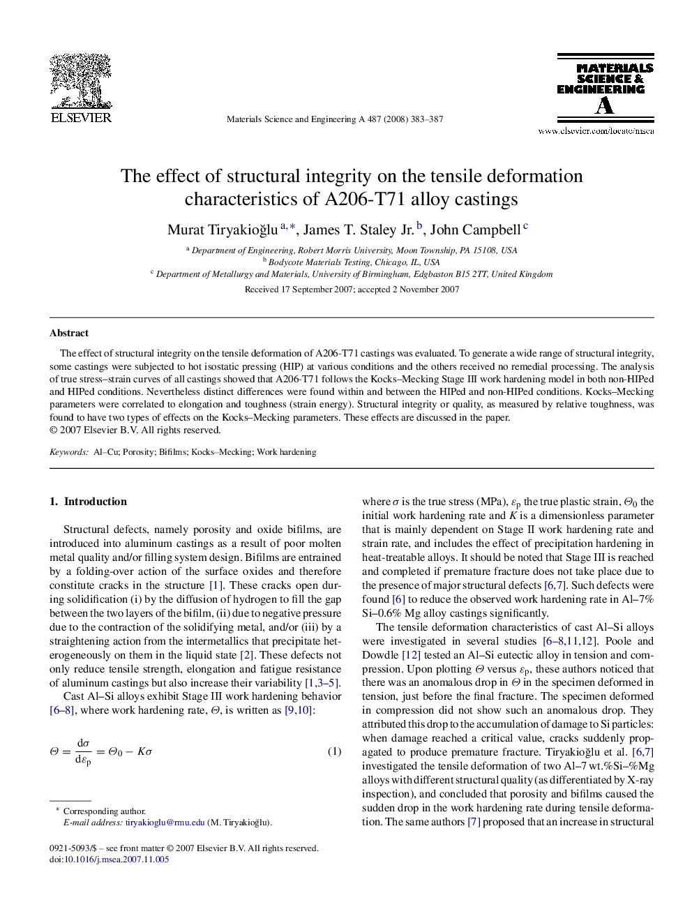 The effect of structural integrity on the tensile deformation characteristics of A206-T71 alloy castings