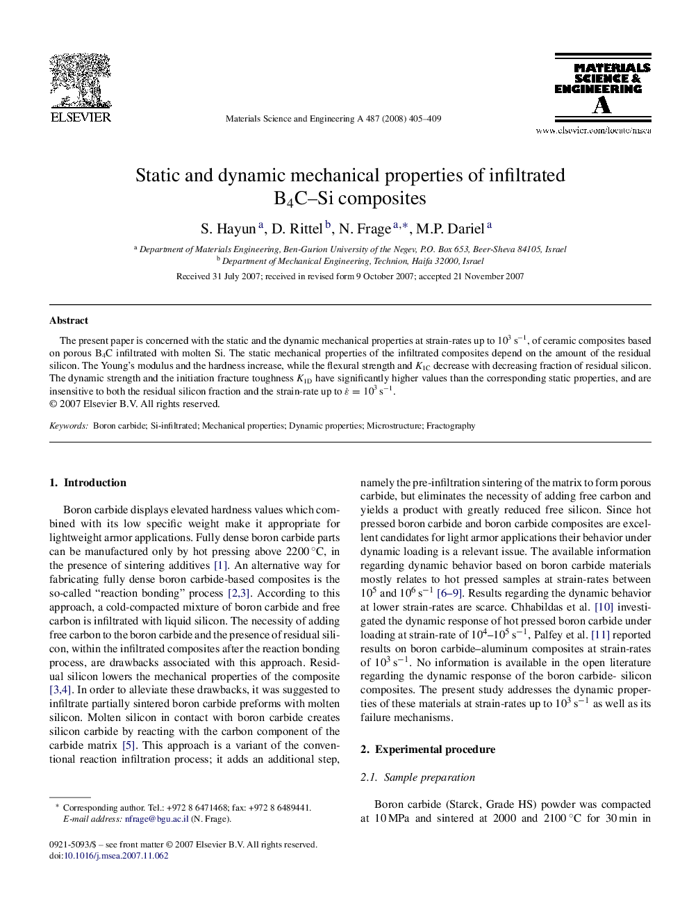 Static and dynamic mechanical properties of infiltrated B4C-Si composites