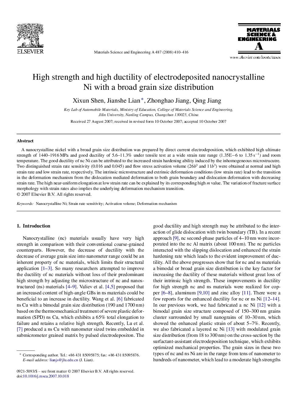 High strength and high ductility of electrodeposited nanocrystalline Ni with a broad grain size distribution