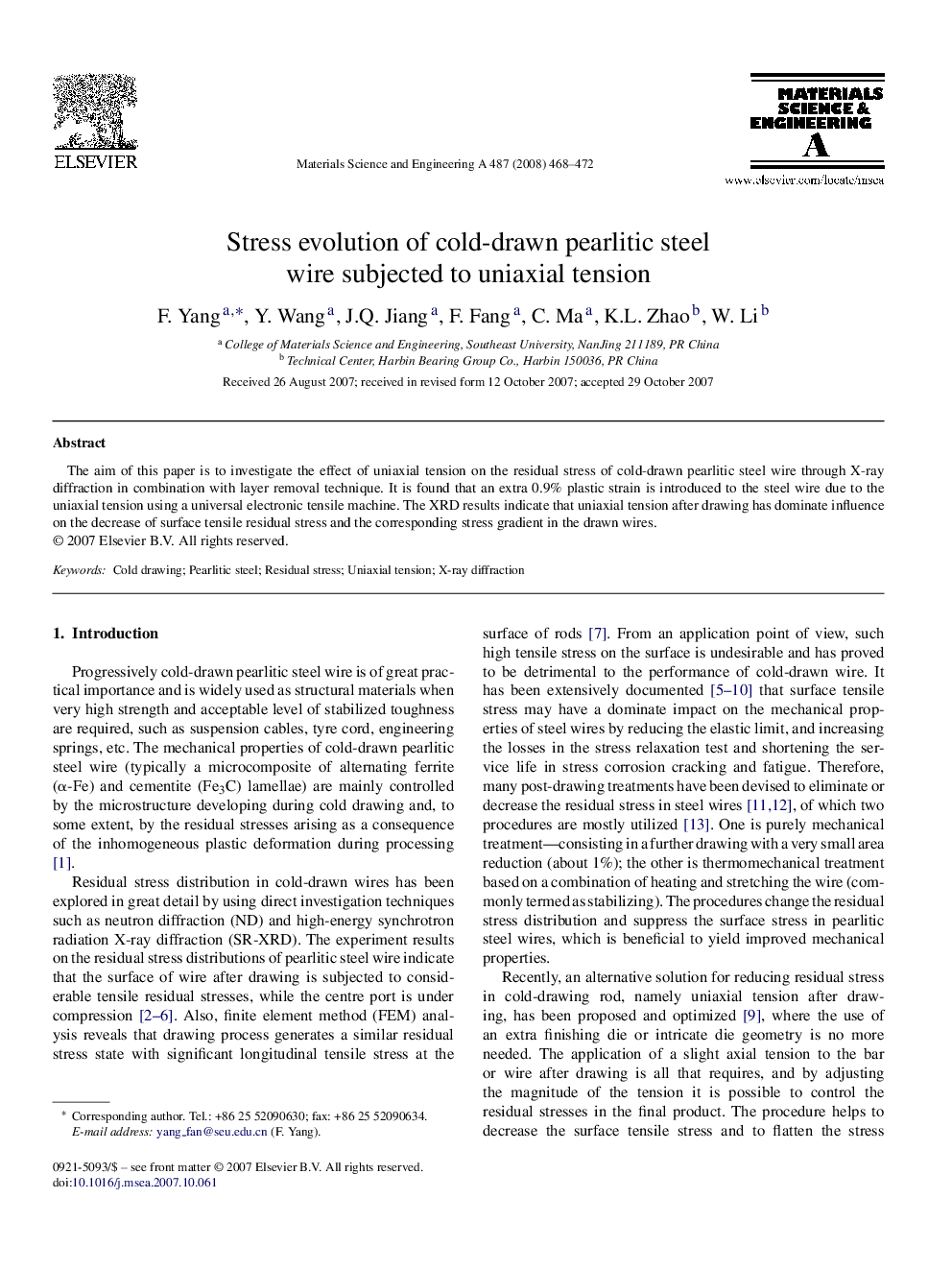 Stress evolution of cold-drawn pearlitic steel wire subjected to uniaxial tension