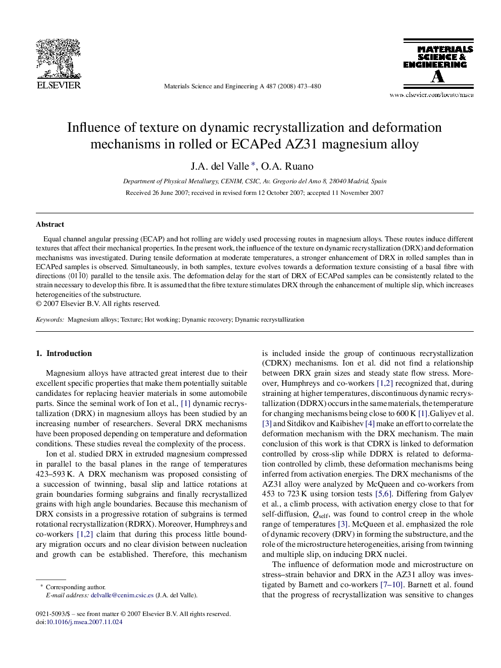 Influence of texture on dynamic recrystallization and deformation mechanisms in rolled or ECAPed AZ31 magnesium alloy